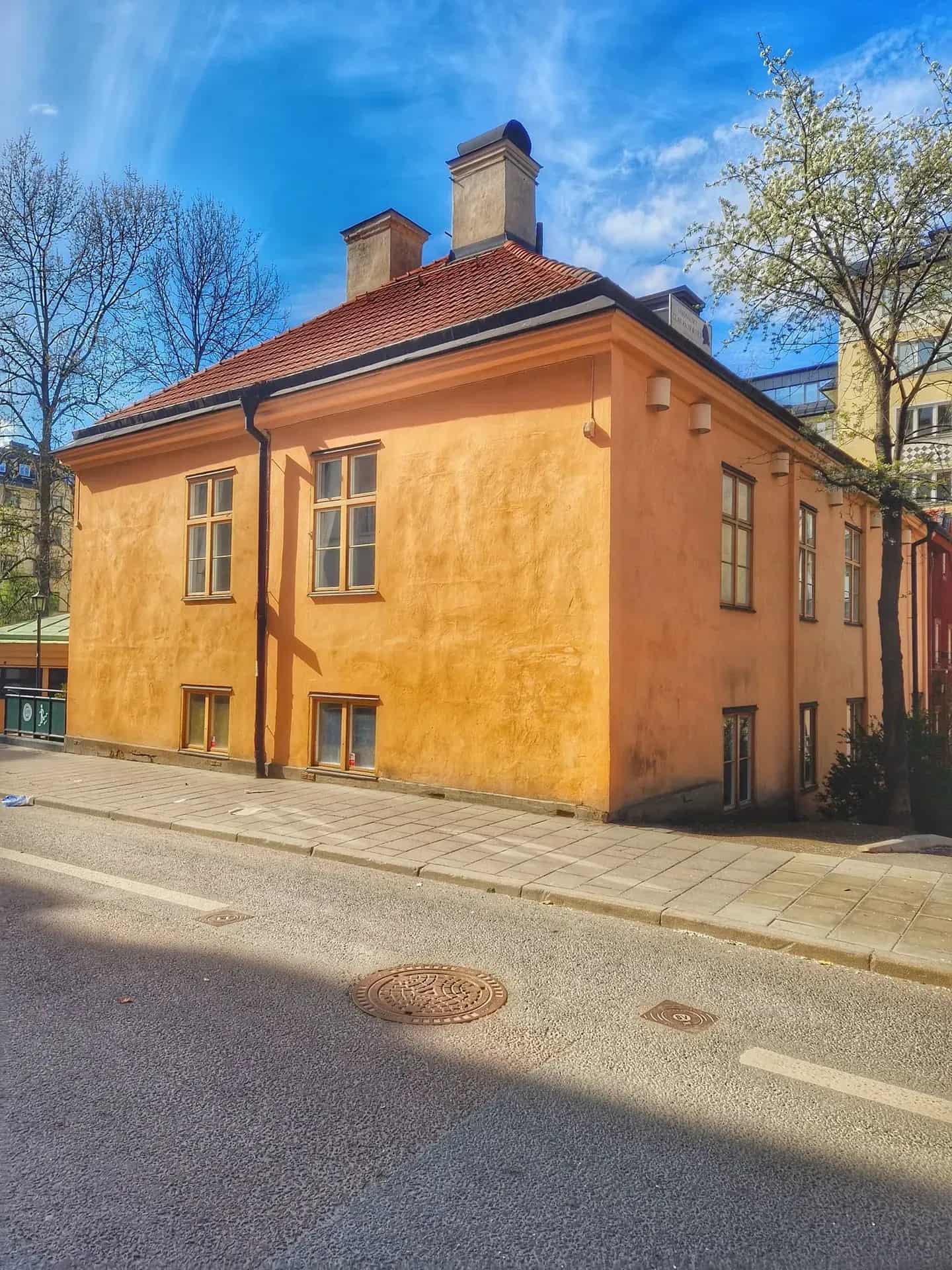 Ockrafärgat hus med tegeltak och skorstenar. Gata och träd i bild. Blå himmel