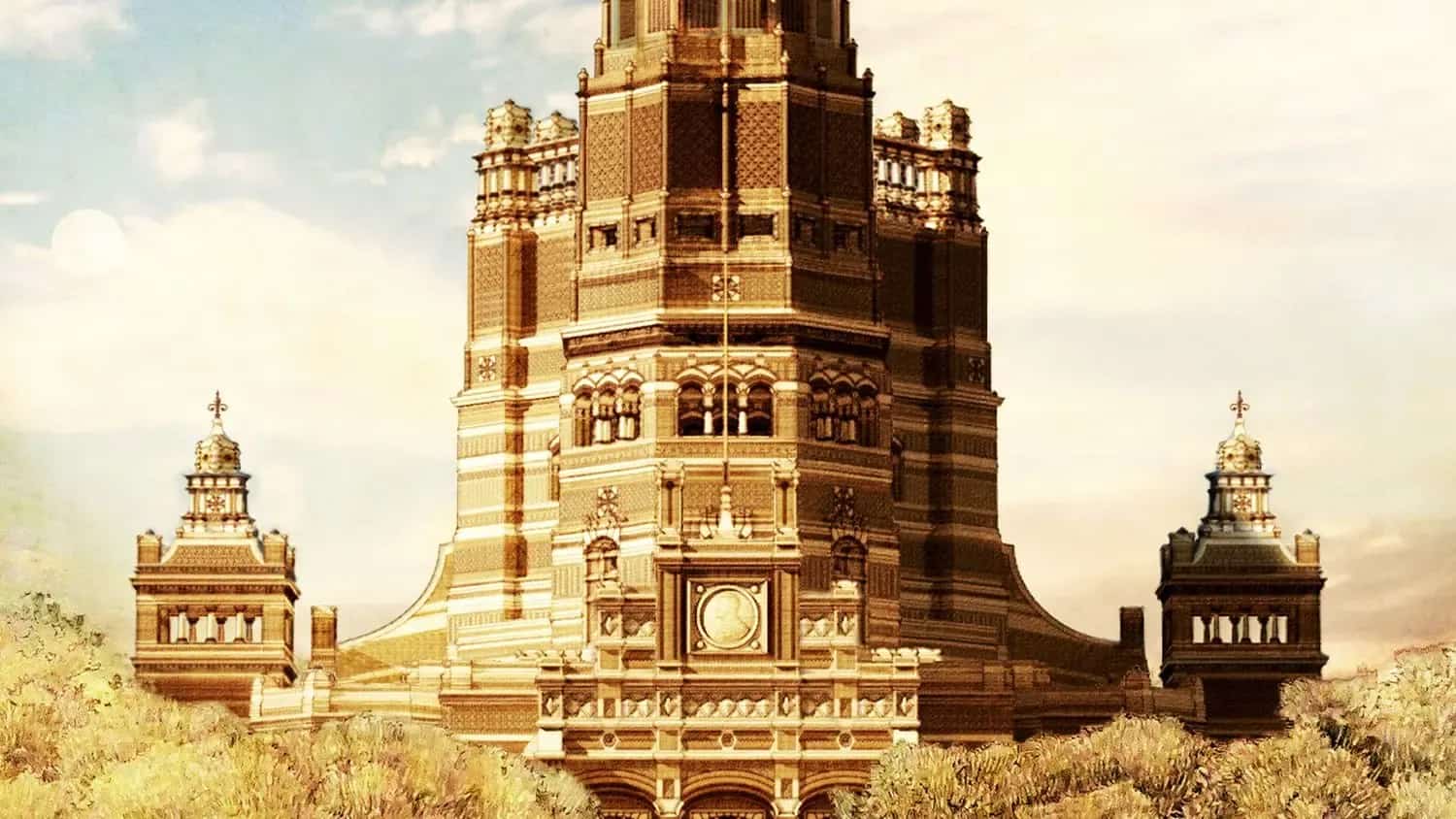 Högt beige torn med sidobyggnader och klocka. Molnig himmel