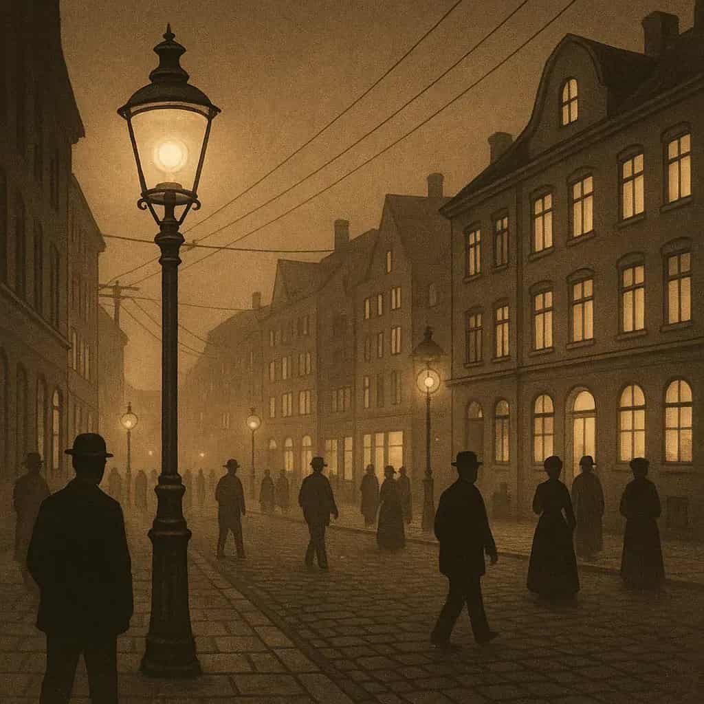Street at dusk with silhouettes of people and lit streetlights. Buildings in the background